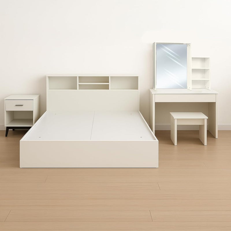 RIGID مجموعة أثاث غرفة نوم ريجيد الحديثة - سرير MDF أبيض مع تخزين في الرأس، طاولة جانبية، طاولة زينة مع مرآة، رف وكرسي - Image 5